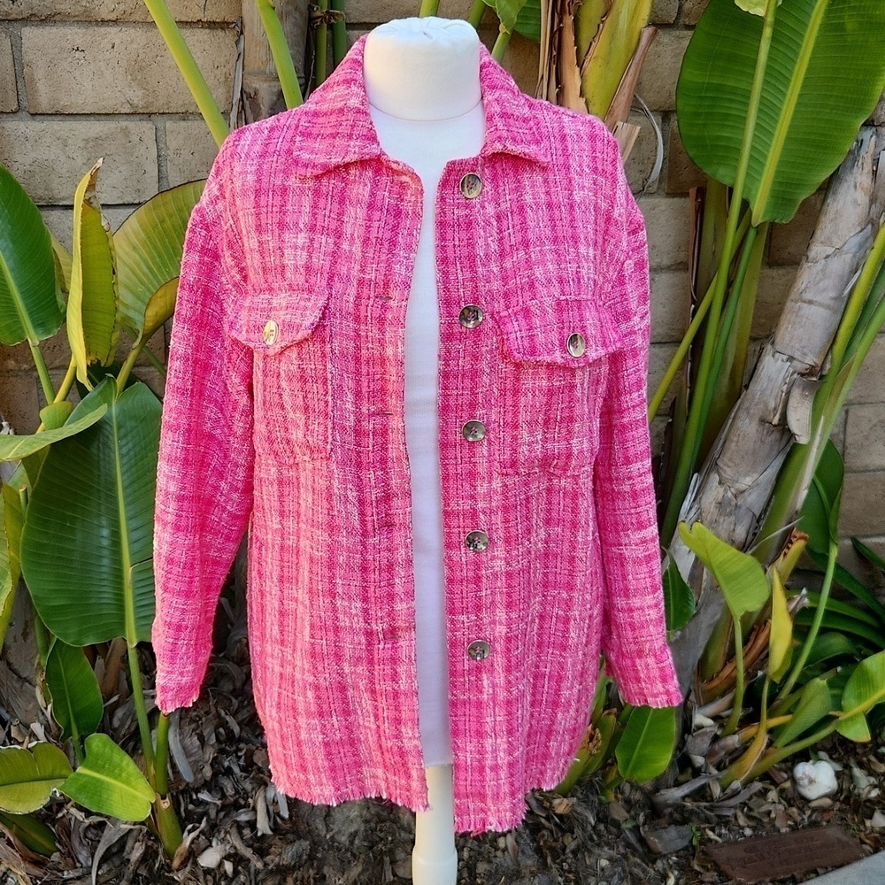 Zara Pink Plaid Tweed Button Down Long Sleeve Jacket Extra Small